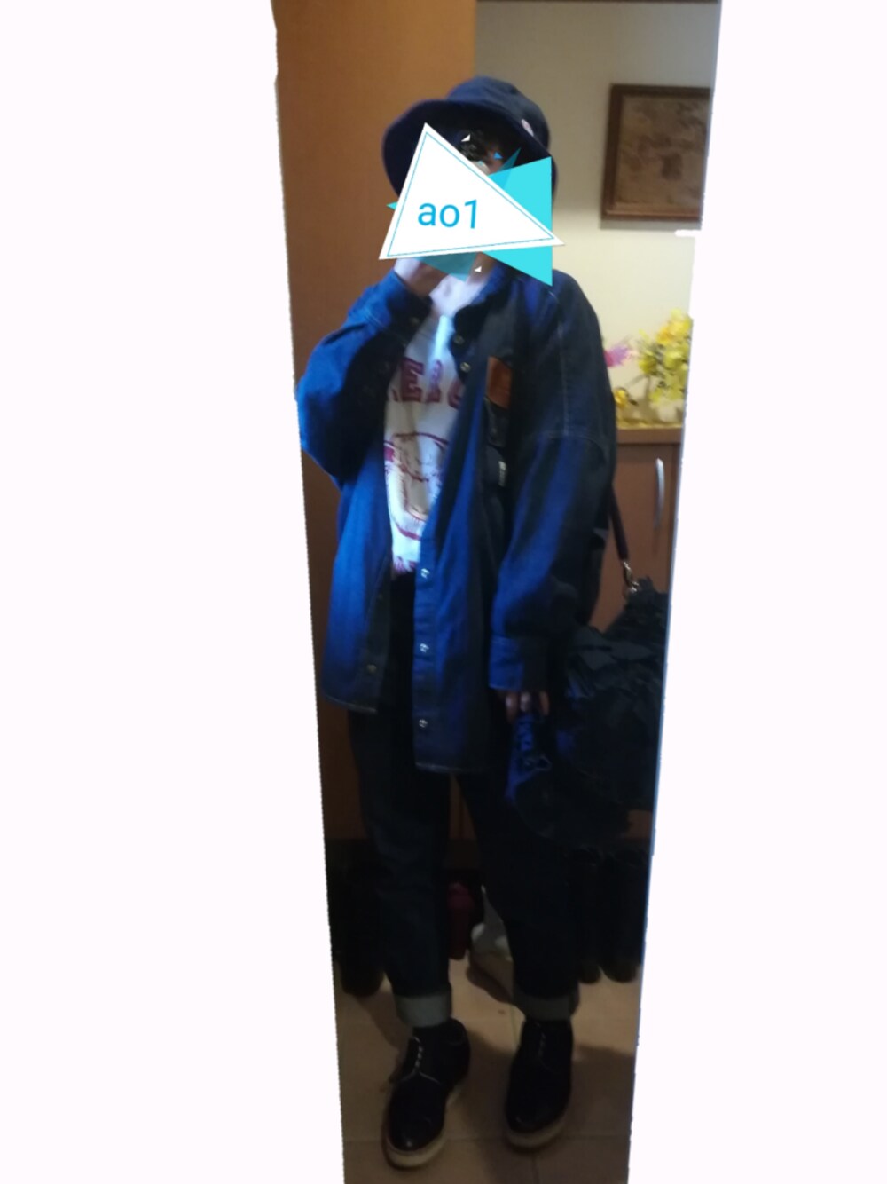 「mercibeaucoup,のS:New des Lee（シャツワンピース、ブルー系）」を使った、ao1さん（レディース・153cm）の冬コーディネートの1枚目の写真