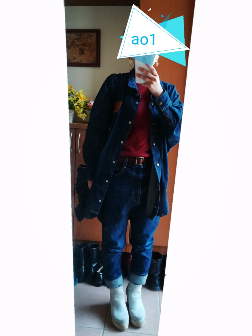 「UNIQLOのリブハイネックT（長袖）（Tシャツ/カットソー、レッド系）」を使った、ao1さん（レディース・153cm）の冬コーディネートの1枚目の写真