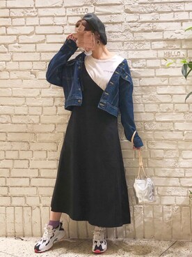 「KBF（ケイビーエフ）のWEB限定　ワンショルダーサロペットスカート（ジャンパースカート）」を使った、やややさん（レディース・165cm）の春コーディネート
