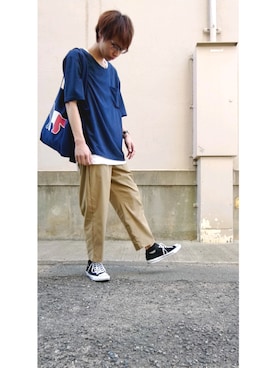 「メゾン キツネ(MAISON KITSUNE)」｜「アイテム（スニーカー）」を使った、はむすけさん（メンズ・172cm）の夏コーディネート