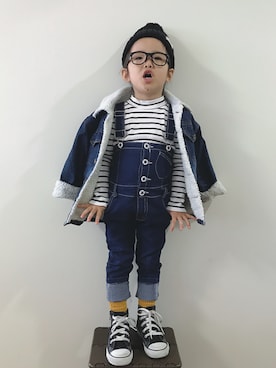 「BRANSHES（ブランシェス）のテレコボーダー長袖Tシャツ（Tシャツ/カットソー）」を使った、hirimo625さん（キッズ・90cm）の春コーディネート