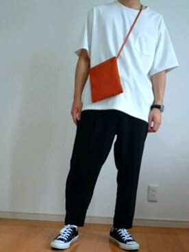 「SENSE OF PLACE by URBAN RESEARCH（センスオブプレイスバイアーバンリサーチ）のオーガニックコットンポケットTシャツ(5分袖)（Tシャツ/カットソー、ホワイト系）」を使った、ALさん（メンズ・169cm）の春コーディネート