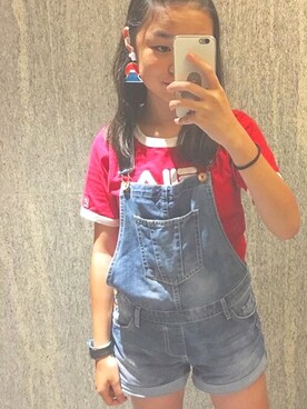 「red」｜「アイテム（サロペット/オーバーオール）」を使った、Koala Kwanさん（レディース・158cm）の夏コーディネート