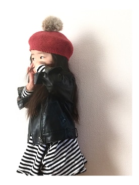 「しまむら（シマムラ）のアイテム（ライダースジャケット、ブラック系）」を使った、PinktriangleAKMさん（キッズ）の冬コーディネート