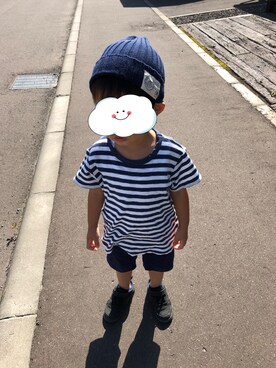 「DAISO（DAISO）のアイテム（ニットキャップ/ビーニー、ブラック系）」を使った、haasaさん（キッズ・120cm）の秋コーディネート