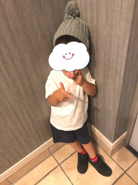 「DAISO（DAISO）のアイテム（ニットキャップ/ビーニー、グレー系）」を使った、haasaさん（キッズ・120cm）の秋コーディネート