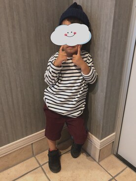 「DAISO（DAISO）のアイテム（ニットキャップ/ビーニー、ブラック系）」を使った、haasaさん（キッズ・120cm）の秋コーディネート