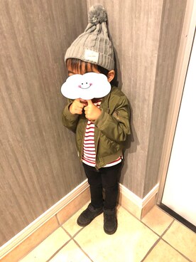 「DAISO（DAISO）のアイテム（ニットキャップ/ビーニー、グレー系）」を使った、haasaさん（キッズ・120cm）の秋コーディネート
