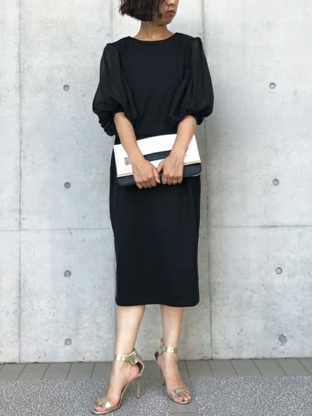 「ワンピース、パーティースタイル、結婚式、二次会、結婚式二次会スタイル、結婚式スタイル、結婚式コーデ、結婚式二次会、Settimissimo、ボリューム袖」｜「Settimissimoのシフォンボリュームスリーブ切替ワンピース 結婚式/二次会/お呼ばれ/（ワンピース、ブラック系）」を使った、Yumiさん（レディース・156cm）の秋コーディネートの1枚目の写真