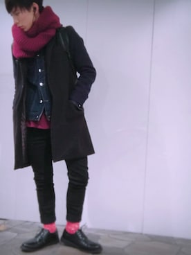「3色コーデ」｜「アイテム（チェスターコート）」を使った、⚀⚁⚂むー⚃⚄⚅さん（メンズ・168cm）の冬コーディネート