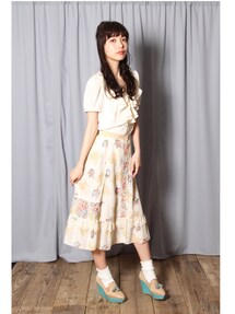 Grimoire | Beige×Ivory×Pink 油絵風Rose柄プリントFrill付きスカート(スカート)