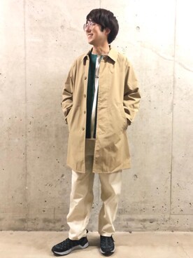 「2021春新作」｜「アイテム（ステンカラーコート）」を使った、coen しゅうのさん（メンズ・166cm）の春コーディネート