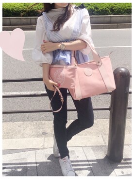 「Samantha Thavasa（サマンサタバサ）のポーチ付きキャンバスバッグ（小）（トートバッグ、ピンク系）」を使った、はるなさん（レディース・158cm）の春コーディネート