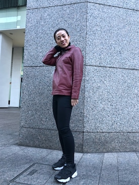 「アイテム（ライダースジャケット、レッド系）」を使った、suzuさん（レディース・155cm）の春コーディネート