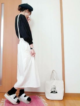 「ブラック×ホワイト」｜「アイテム（ハンチング/ベレー帽）」を使った、ソラ★さん（レディース・162cm）の夏コーディネート