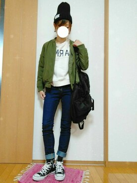 「AS KNOW AS PINKY（アズノゥアズピンキー）のアイテム（MA-1）」を使った、ソラ★さん（レディース・162cm）の冬コーディネート