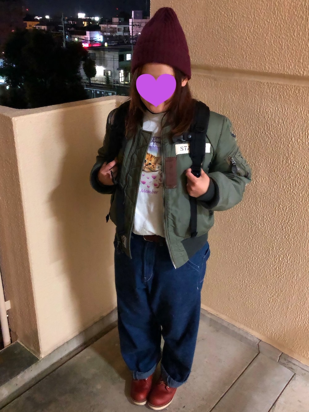 「アメカジ女子」｜「Buzz Rickson'sのアイテム（MA-1、グリーン系）」を使った、chirolingさん（レディース・153cm）の冬コーディネートの1枚目の写真