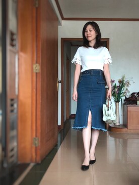 「Mystrada（マイストラーダ）のアイテム（Denim skirt、ブルー系）」を使った、siumomomさん（レディース・170cm）の秋コーディネート