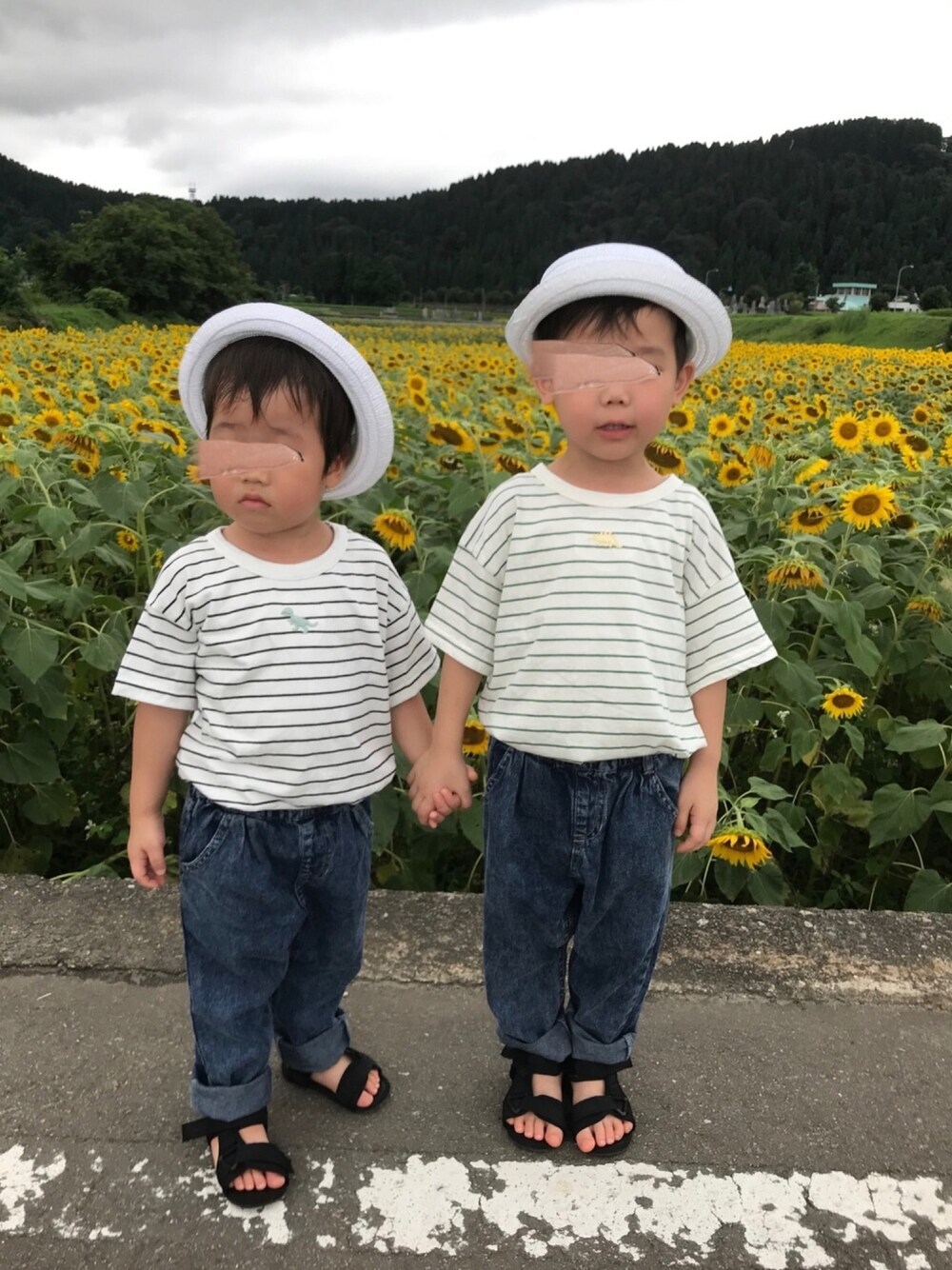 「夏コーデ、キッズファッション、カジュアルコーデ、夏、男の子コーデ、休日スタイル、カンカン帽、おそろいコーデ、リンクコーデ、ひまわり畑」｜「petit mainのワンポイント恐竜刺しゅうボーダー半袖Tシャツ（Tシャツ/カットソー、グリーン系）」を使った、ぽん‪‪☺︎‬さん（キッズ・100cm）の夏コーディネートの1枚目の写真