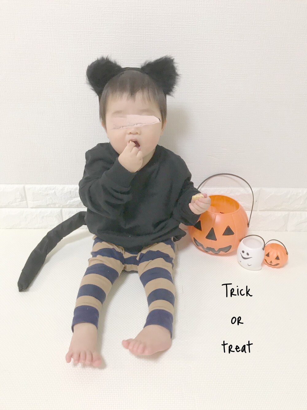 「wearhalloween2020、ハロウィン、コスプレ、仮装、ハロウィンコーデ、halloween、ボーダー、黒猫」｜「しまむらのアイテム（スウェット、ブラック系）」を使った、ぽん‪‪☺︎‬さん（キッズ・100cm）の秋コーディネートの1枚目の写真