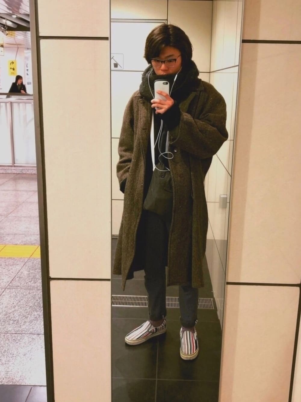 「matsuda、Ts(s)、ENGINEERED GARMENTS、KENZO、VANS、Champion、ChampionReverseWeave、camo、varde77、古着」｜「matsudaのアイテム（メガネ、ブラック系）」を使った、Kaichiさん（メンズ・178cm）の冬コーディネートの1枚目の写真
