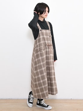「チェックワンピース」｜「アイテム（ジャンパースカート）」を使った、【み】 - poudoudouさん（レディース・160cm）の秋コーディネート