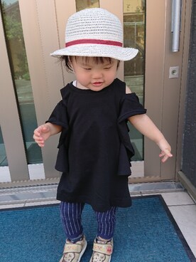 「Familiar （ファミリア）のアイテム（帽子）」を使った、KANNA♡HAYATOさん（キッズ・80cm）の夏コーディネート