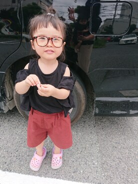 「GU（ジーユー）のアイテム（トップス、ブラック系）」を使った、KANNA♡HAYATOさん（キッズ・90cm）の夏コーディネート