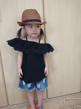 「GU（ジーユー）のアイテム（トップス、ブラック系）」を使った、KANNA♡HAYATOさん（キッズ・90cm）の夏コーディネート