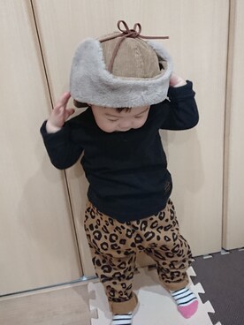「devirock（デビロック）のプリントスウェットサルエルパンツ（その他パンツ、ブラウン系）」を使った、KANNA♡HAYATOさん（キッズ・90cm）の秋コーディネート