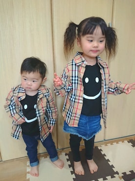 「しまむら（シマムラ）のアイテム（トップス、ブラック系）」を使った、KANNA♡HAYATOさん（キッズ・90cm）の春コーディネート