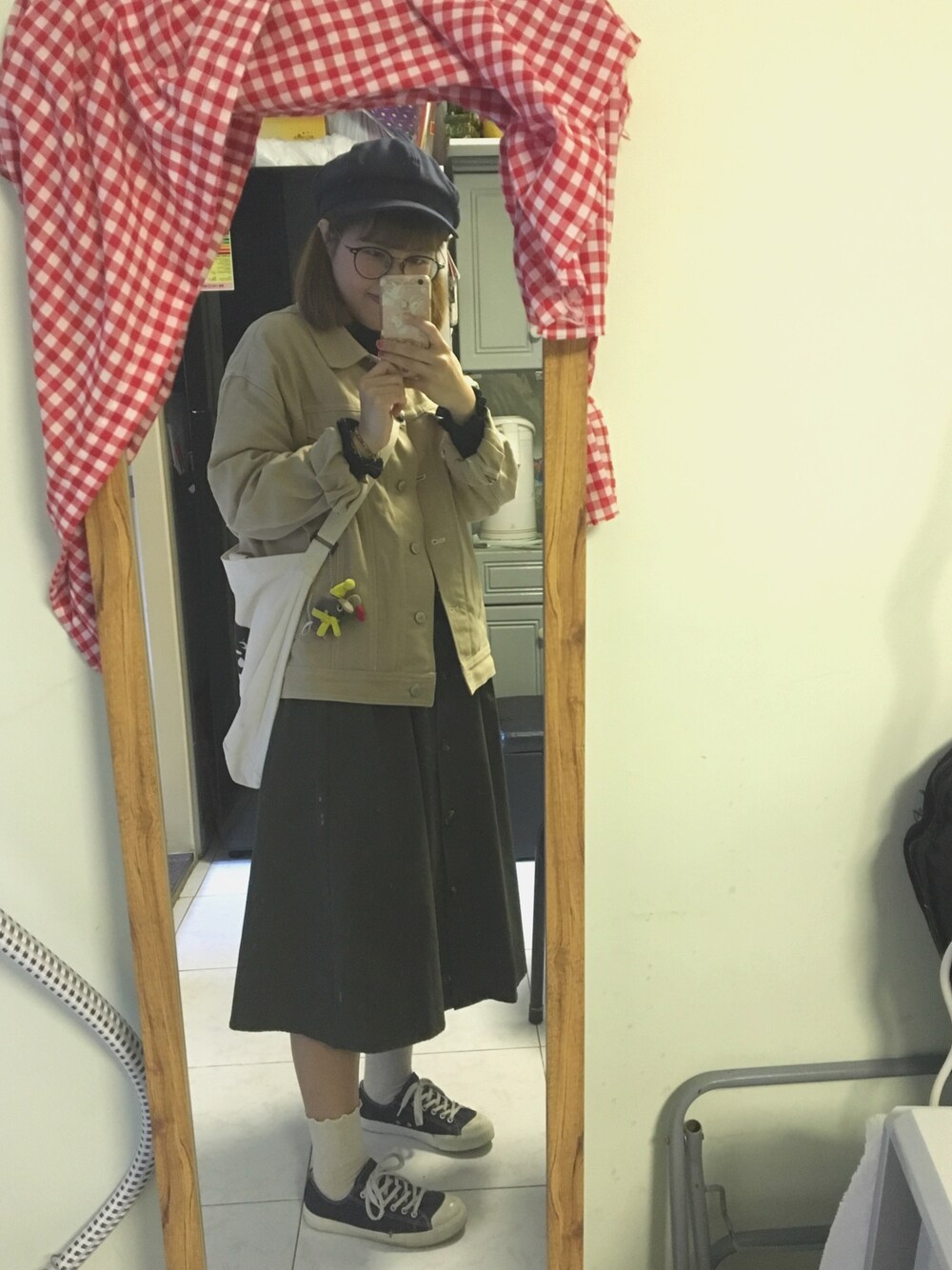 「春色、工業系女子、WORKERS、杏色」｜「GUのアイテム（スカート、グリーン系）」を使った、Elmoさん（レディース・157cm）の冬コーディネートの1枚目の写真