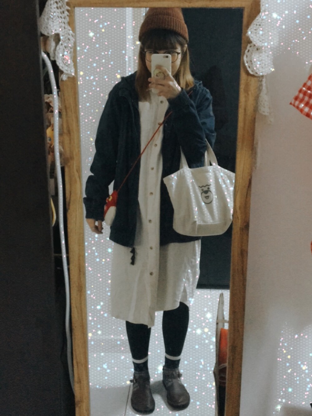 「ootd、休閒、復古、街頭穿搭、日常、上班穿搭」｜「PULL&BEARのアイテム（ジャケット/アウター、ブルー系）」を使った、Elmoさん（レディース・157cm）の冬コーディネートの1枚目の写真