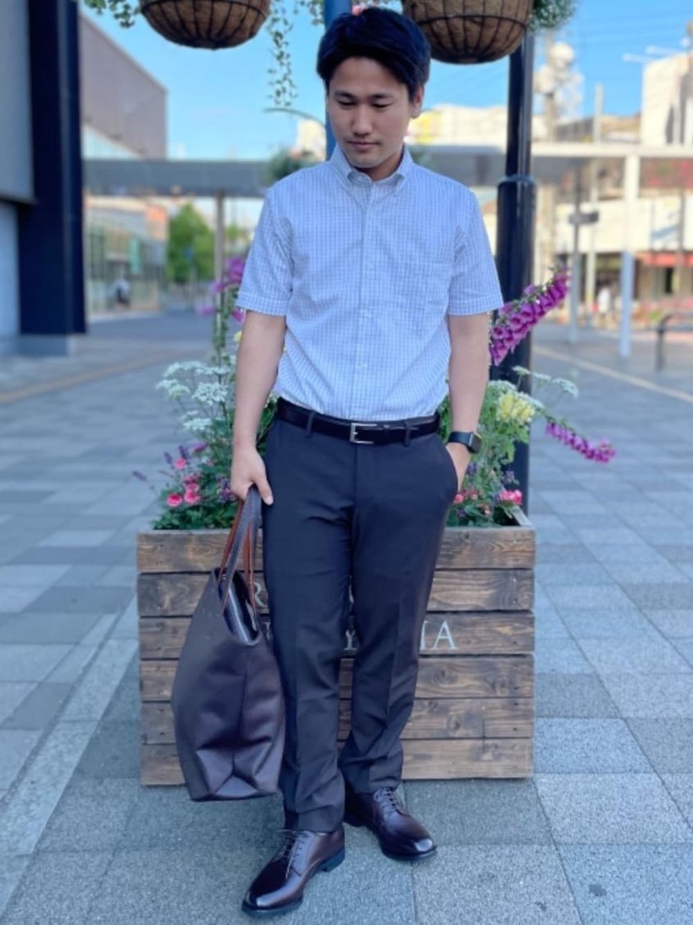 「シューズ、ベルト、ビジネス、シャツ/ブラウス、under165、👟バッグ、WTO、ぱんつ、冷たいシリーズ」｜「green label relaxingのMS アドバン 30ベルト（ベルト、ブラウン系）」を使った、北村さん（メンズ・164cm）の春コーディネートの1枚目の写真