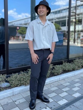 「green label relaxing（グリーンレーベルリラクシング）のアイテム（帽子）」を使った、北村さん（メンズ・164cm）の夏コーディネート