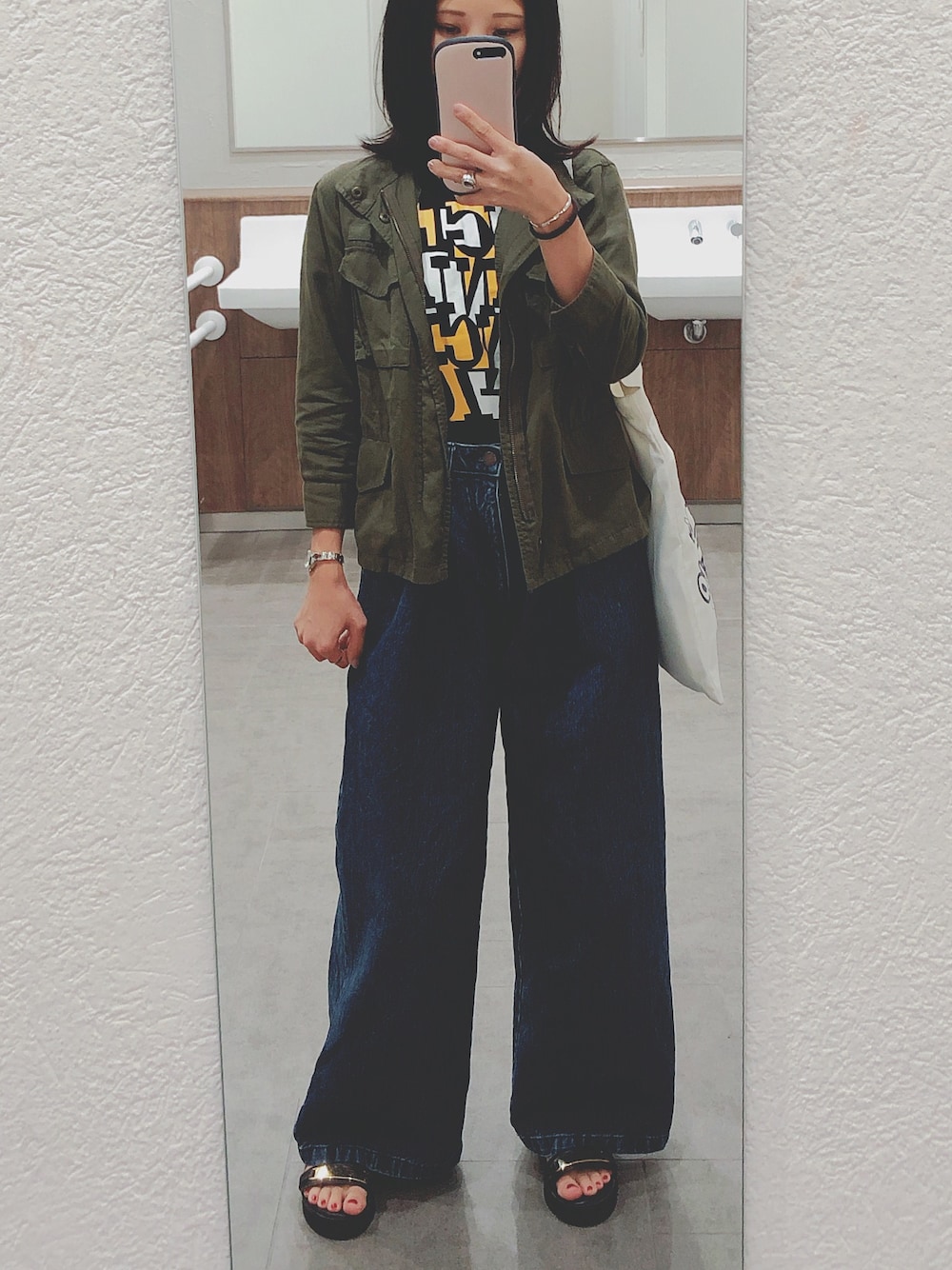 「夏、低身長、サンダル、今日のコーデ、JEANASiS、GU、Vivienne Westwood」｜「JEANASISのM65ジャケット/561871（ミリタリージャケット、グリーン系）」を使った、rnさん（レディース・153cm）の春コーディネートの1枚目の写真