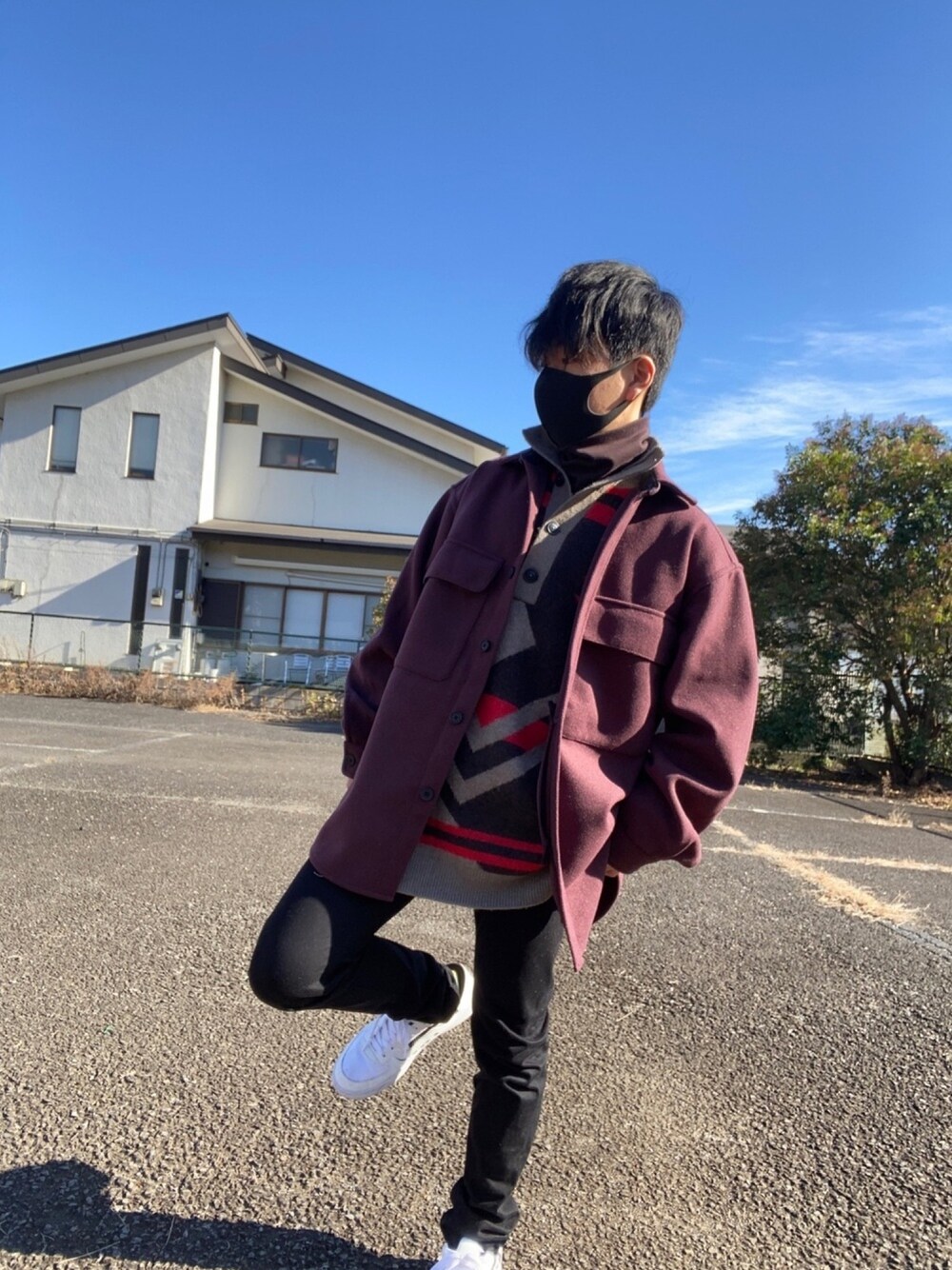 「あったかコーデ」｜「WEGOのWEGO/ニットメルトンCPOジャケット（ブルゾン、パープル系）」を使った、Osshuさん（メンズ・163cm）の冬コーディネートの1枚目の写真
