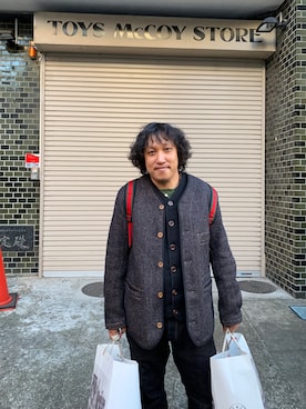 「FREEWHEELERS（フリーホイーラーズ）のアイテム（ノーカラージャケット）」を使った、我是嘉奇さん（メンズ・167cm）の冬コーディネート