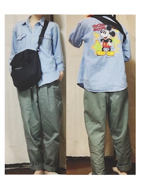 「ダンガリーシャツ」｜「アイテム（チノパンツ）」を使った、ハルさん（レディース・158cm）の春コーディネート