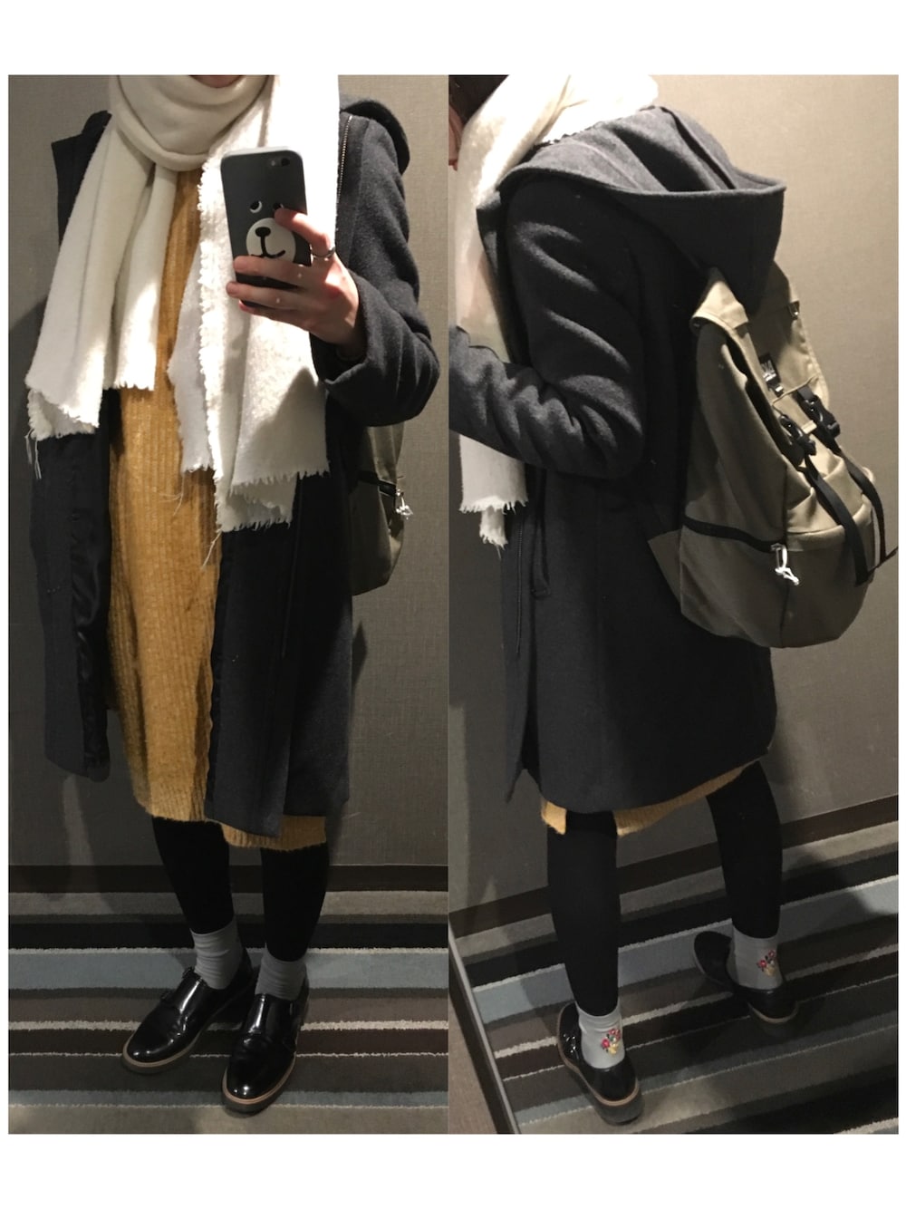 「コート、ニットワンピース、タイツ×靴下、ニット、ニットワンピ、グレー、イエロー、タイツ、靴下屋、靴下」｜「studio CLIPのウールメルトン2WAYコート（ノーカラージャケット、グレー系）」を使った、ハルさん（レディース・158cm）の冬コーディネートの1枚目の写真