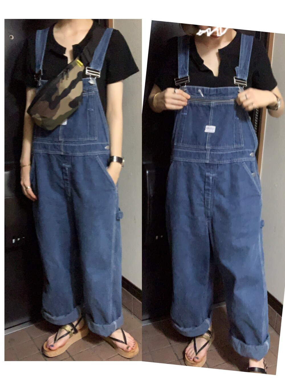 「オーバーオール、サロペット、古着、古着MIX、黒Tシャツ、ワッフル、サンダル、厚底サンダル、迷彩、ウエストポーチ」｜「cepoのマルチボーダーリブＴシャツ（Tシャツ/カットソー、ブラック系）」を使った、ハルさん（レディース・158cm）の夏コーディネートの1枚目の写真