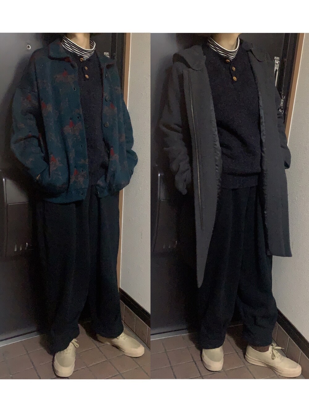 「コート、カーディガン、古着、タートルネック、ボーダー、ニット、スウェットパンツ、スニーカー、ベージュ、古着MIX」｜「studio CLIPのウールメルトン2WAYコート（ノーカラージャケット、グレー系）」を使った、ハルさん（レディース・158cm）の冬コーディネートの1枚目の写真