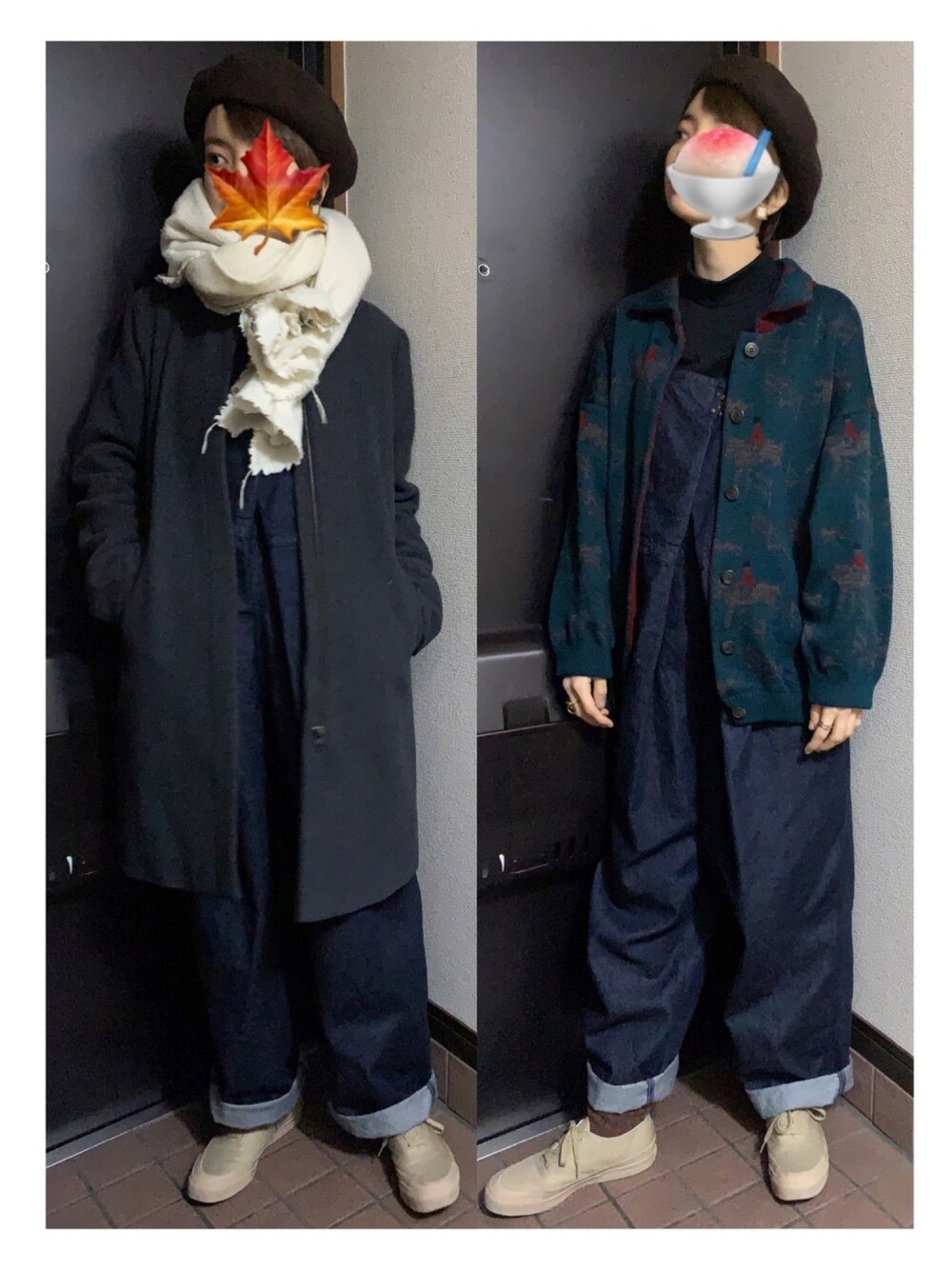 「ベレー帽、ノーカラーコート、カーディガン、タートルネック、サロペット、オーバーオール、スニーカー、古着、古着MIX、冬コーデ」｜「polcadotのアイテム（ハンチング/ベレー帽、ブラウン系）」を使った、ハルさん（レディース・158cm）の冬コーディネートの1枚目の写真