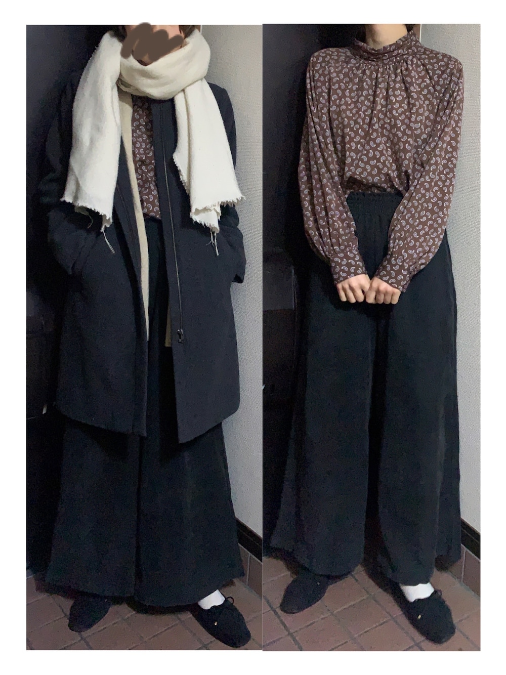 「パンツスタイル、マフラー、ペイズリー、ブラウス、ブラウン、コーデュロイ、ワイドパンツ、バレエシューズ、ノーカラーコート、カーディガン」｜「CONTEMPOのアイテム（マフラー、ホワイト系）」を使った、ハルさん（レディース・158cm）の冬コーディネートの1枚目の写真