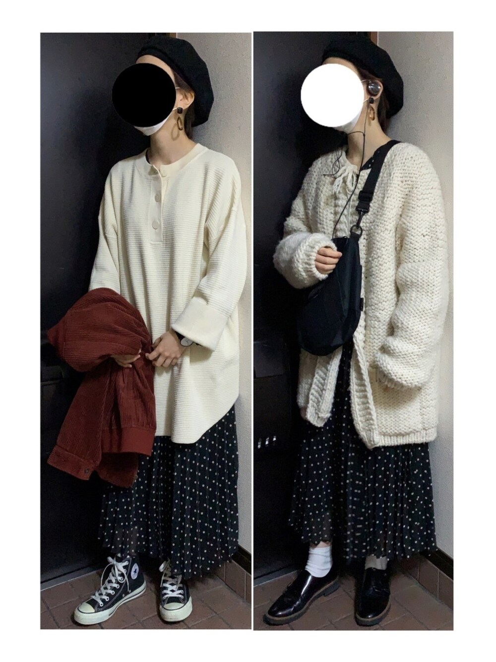 「コンバース、モノトーンコーデ、ニット、カーディガン、チュニック、レイヤードスタイル、ワンピース、ドット、プリーツスカート、ベレー帽」｜「CHIGNONSTARのアイテム（ニット/セーター、ホワイト系）」を使った、ハルさん（レディース・158cm）の春コーディネートの1枚目の写真