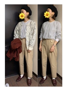 「ビットローファー」｜「アイテム（ハンチング/ベレー帽）」を使った、ハルさん（レディース・158cm）の冬コーディネート