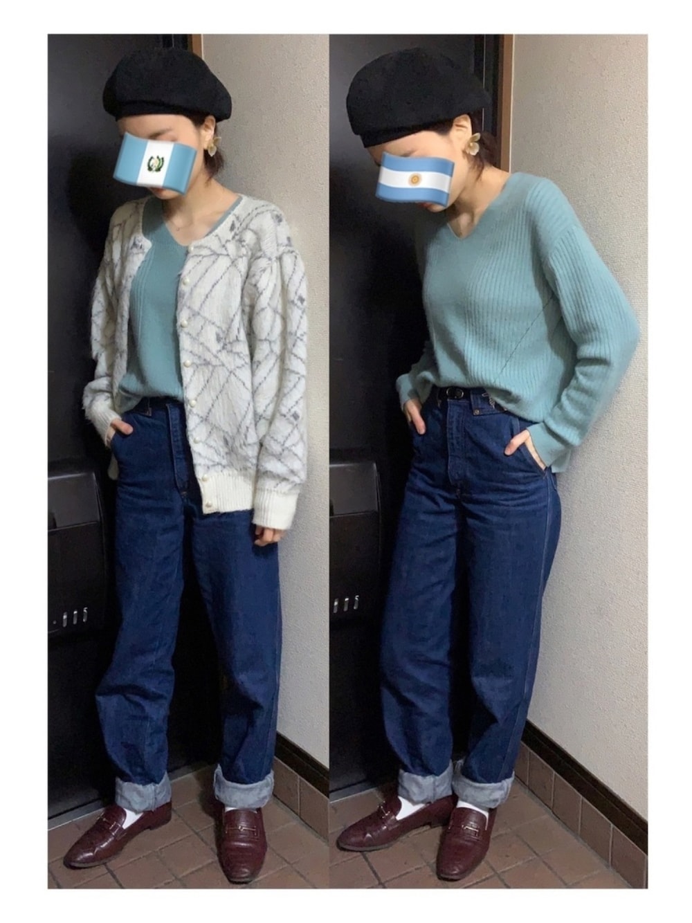 「ベレー帽、カーディガン、Vネック、ニット、カラーニット、デニム、デニムパンツ、ビットローファー、白ソックス、春コーデ」｜「CANICHEのアイテム（ハンチング/ベレー帽、ブラック系）」を使った、ハルさん（レディース・158cm）の冬コーディネートの1枚目の写真