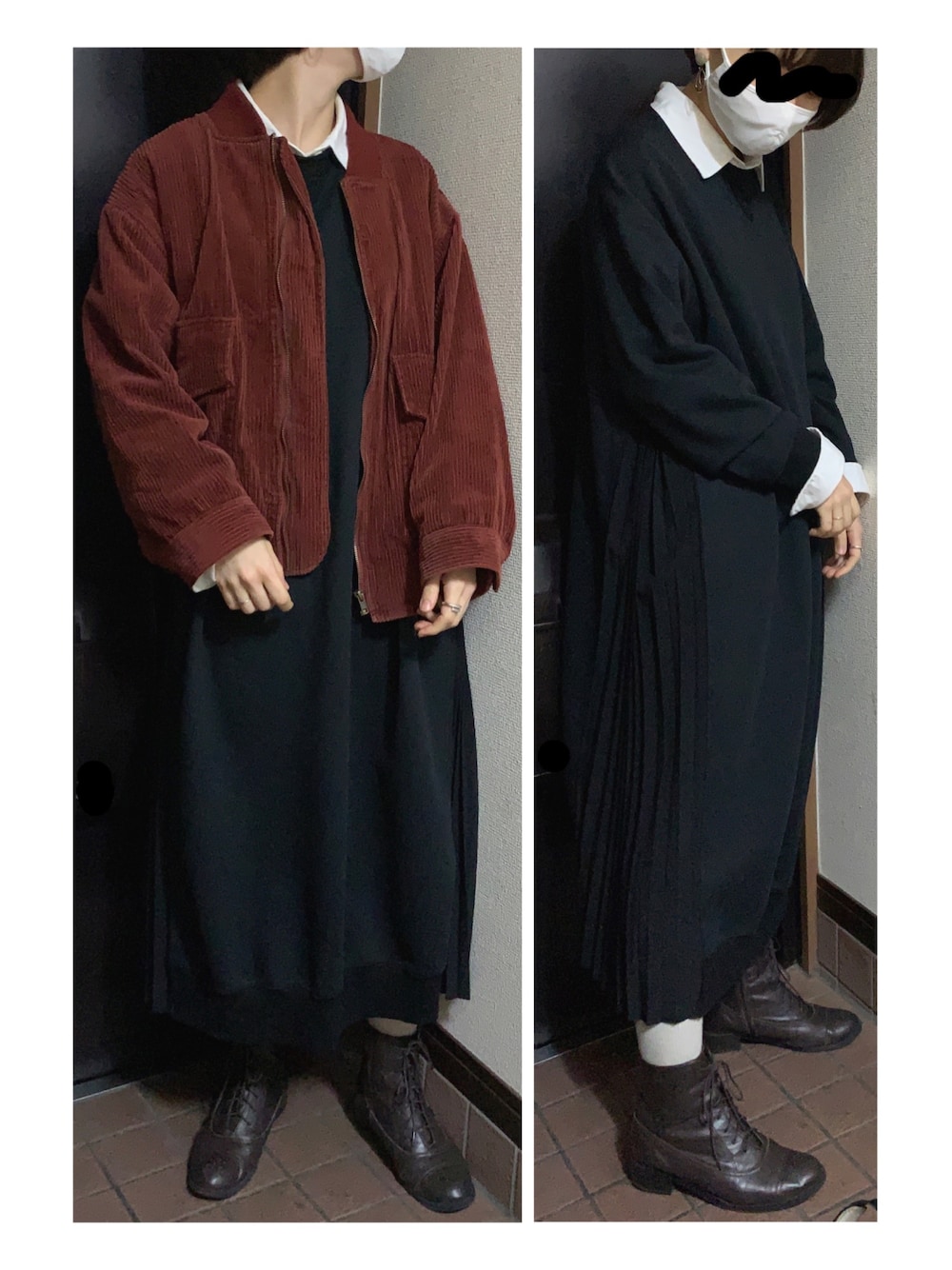 「コーデュロイ、MA-1、シャツ、ワンピース、モノトーン、プリーツ、ブーツ、レースアップシューズ、白タイツ、赤」｜「w closetのコーデュロイBIGブルゾン（ジャケット/アウター、レッド系）」を使った、ハルさん（レディース・158cm）の冬コーディネートの1枚目の写真