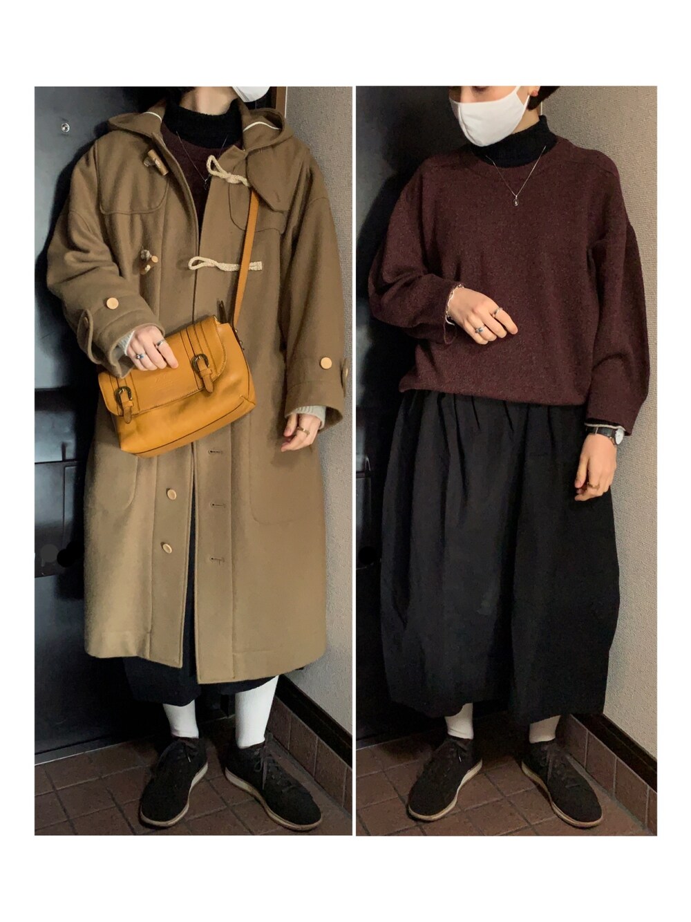 「ダッフルコート、キャメル、ニット、タートルネック、スカート、白タイツ、タイツ、スニーカー、ショルダーバッグ、ロングコート」｜「ASEEDONCLOUDのASEEDONCLOUD アシードンクラウド　Peasant Melton Mother's Coat（ダッフルコート、その他）」を使った、ハルさん（レディース・158cm）の冬コーディネートの1枚目の写真