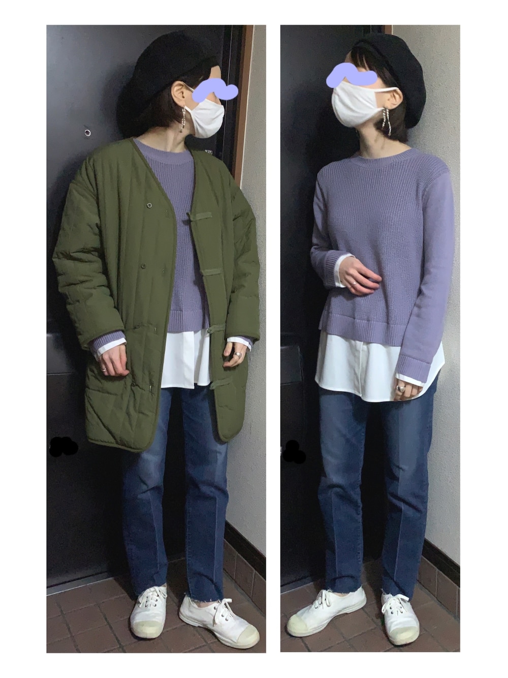 「ベレー帽、レイヤードスタイル、カラーニット、ラベンダー、キルティング、デニムパンツ、ジーンズ、白スニーカー、カジュアル、スニーカーコーデ」｜「CANICHEのアイテム（ハンチング/ベレー帽、ブラック系）」を使った、ハルさん（レディース・158cm）の春コーディネートの1枚目の写真